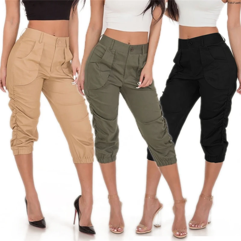 Fashion Women High Waist Casual Plain Cargo Pants Elegant Loose Capri Pants Ladies  Cropped Trousers Streetwear - Pants u0026 Capris - AliExpress