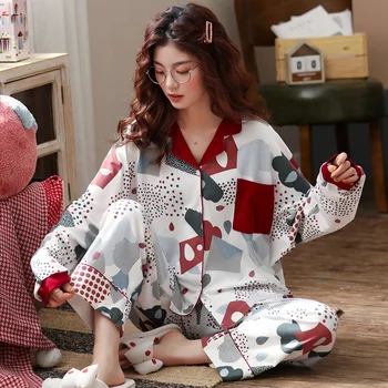 

Long Sleeve Women Pajamas Set Cotton 2 PCS Shirt&Pant Female 2PCS Sleepwear Pajamas Suit Casual Sleep Set Home Clothes