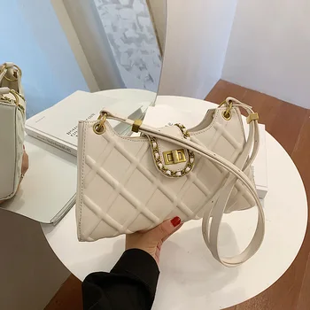

Fashion Women Baguette Handbags Shoulder Messenger Bags Luxury Designer PU Leather Square Purses Lattice Hasp Clutch Bag White