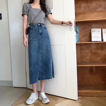 

High Waist Side Split Pokect Midi Women Denim Skirts Ladies Casual Straight Long Skirt 2020 Summer Korean Sweety Female Skirts