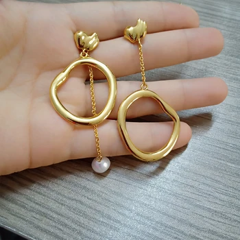 

European and American high-grade feeling gold irregular round single pearl tassel tide asymmetric earrings for women