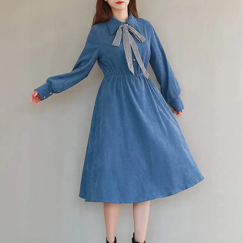 2020 Mori Girl Autumn Spring Women Dress Long Sleeve Vintage Corduory Dress Turn-Down Collar Blue Elastic-Waisted Ribbon Dresses
