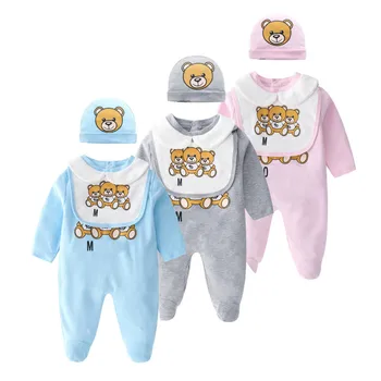 

3pc Boys Girls Cotton Infant Cartoon Bear Long Sleeve Jumpsuit Sleepsuits Spring Autumn Newborn Baby Rompers Hairband Briefs