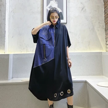 

XUXI Belly-covering Slim Dress A- Line Medium And Long Size Stitching Denim Summer Short Sleeve Foreign Style Dress FZ1538