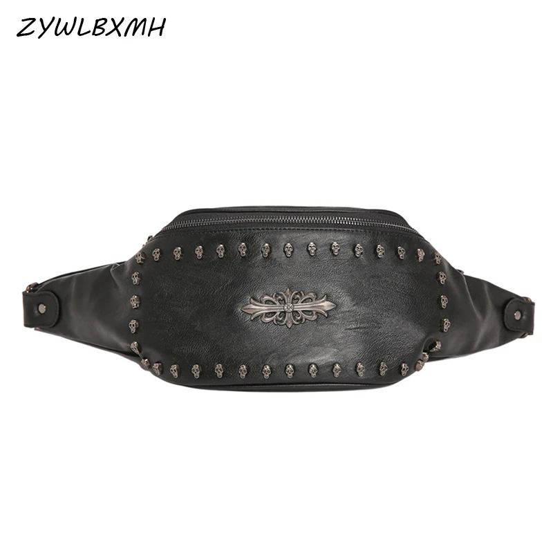 

ZYWLBXMH Men's Chest Bag Skull Rivet Waist Pack Solid Color Waist Bag Waterproof PU Leather Belt Bag Vintage Fanny Pack sac