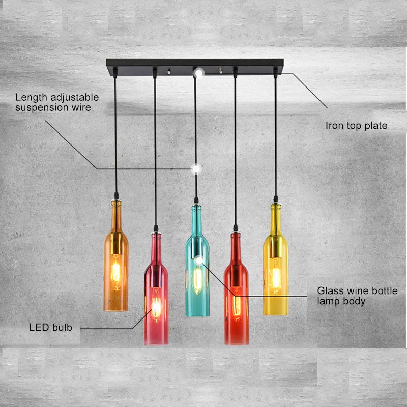 Vintage Industrial Colored Glass Wine Bottle Chandelier for Cafe Loft Restaurant  J8 #3