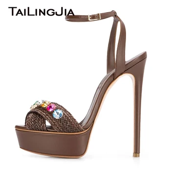 

Platform Party High Heel Sandals Rhinestone Shoes Wedding Bridal Footwear Large Size 34-46 Women Stylish Buckle Strap 2020 New