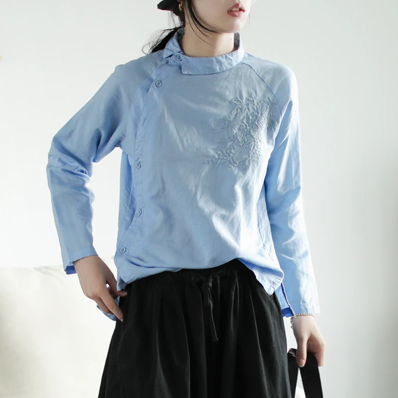 

QPFJQD Loose Size Floral Embroidery Tunic Tops Spring Autumn Women Vintage Cotton Linen Blouse Shirt Female Blusas Long Sleeve