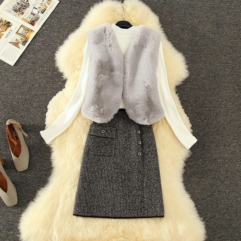 

Women Vintage Faux Fur Vest Semi Collar Sweater High Waist Glitter Button Tweed Skirts Long Sleeve Suits Three Pieces Set New