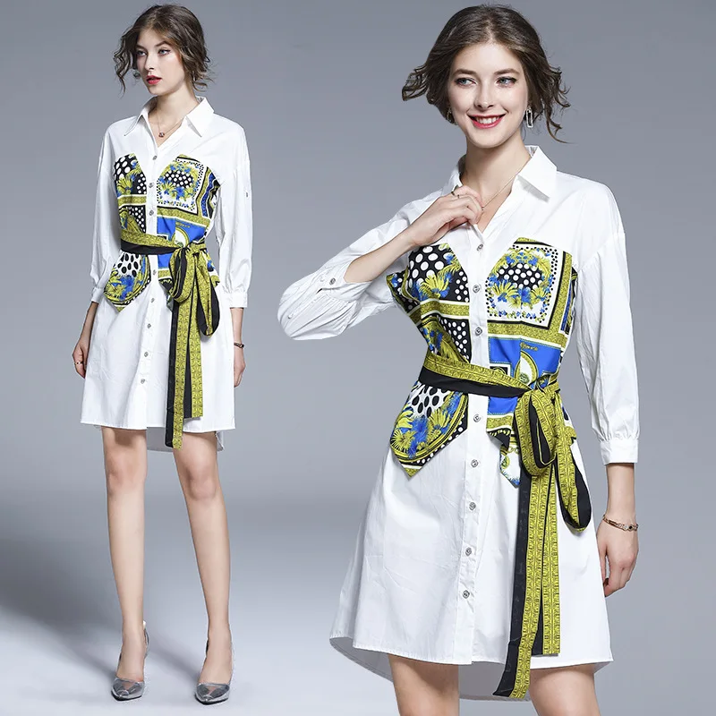 

2019 New Style Medium-length Korean-style Waist Hugging Bandage Cloth Printed Shirt Long-sleeved Dress Children Popular Elegant