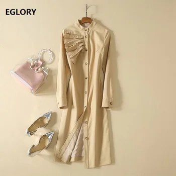 

High Quality Designer Dress 2019 Autumn Style Women Stand Neck Pleated Ruffle Patchwork Long Sleeve Mid-Calf Button Dress Work