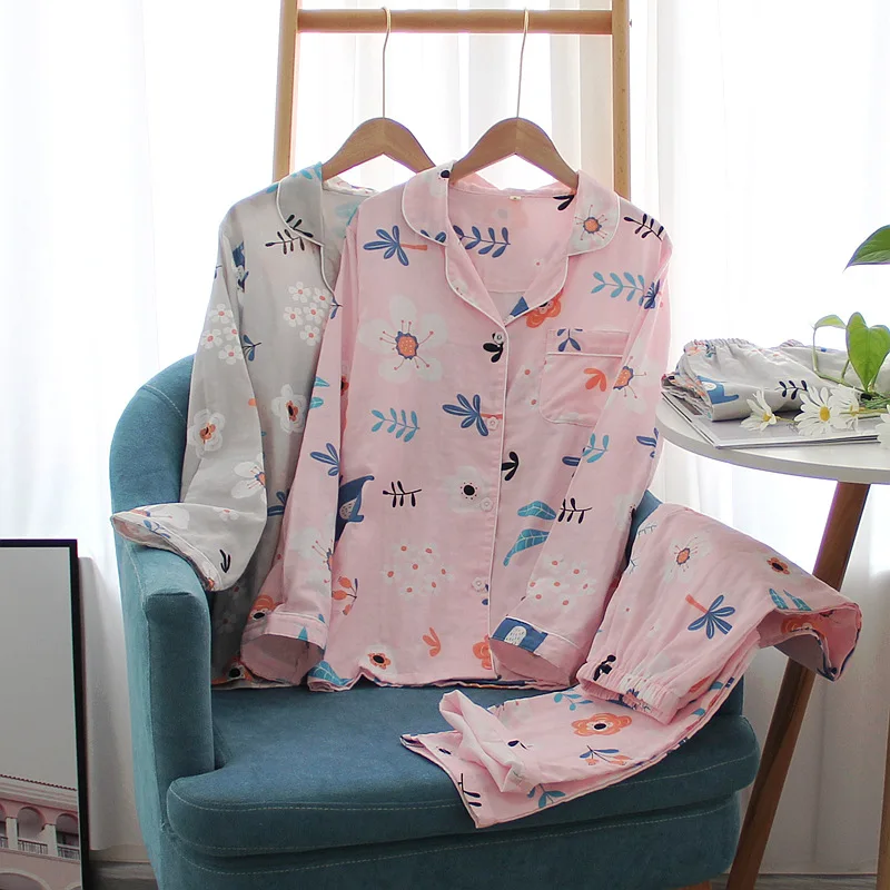 

Japanese style new spring and autumn ladies pajamas two-piece cotton gauze long-sleeved trousers flower suit home service women