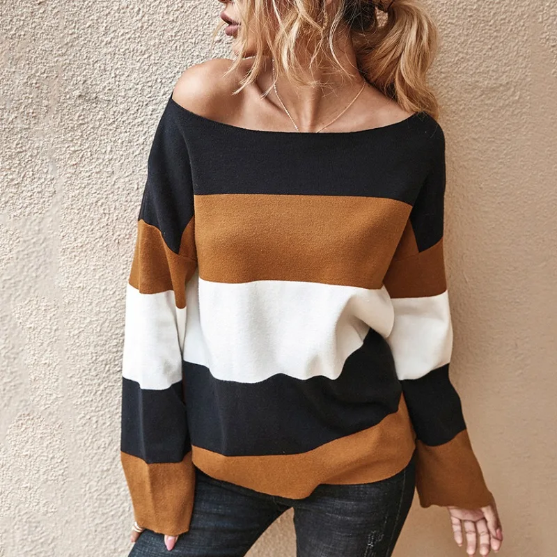 

Women Autumn Winter New Striped Sweater Casual Contrast Color Round Neck Women Pullover Tops