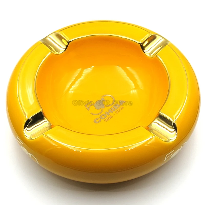 Yellow COHIBA 50th юбилей Классический круглый 4 слота фарфоровая сигарета пепельница для дома открытый инструмент для курения табака подарочная коробка - Цвет: Yellow