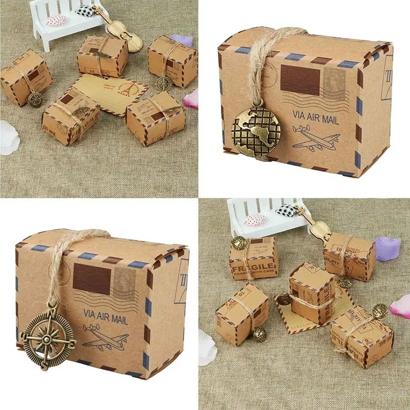 50pcs Inspired Airmail Favor Boxes Bonbonniere With Globe Kraft Paper Candy Boxes Gift Box With Burlap Twines for wedding airpla