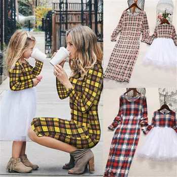 

2020 Fashion Plaid Mother And Daughter Dress Clothes Set Long Sleeve Casual Parent-child dress Family Matching Outfits Baby Girl