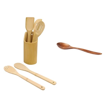 

Non Slip Soup Porridge Wooden Spoon Brown with 6 Piece Set Bamboo Utensils Set Bamboo Cooking Utensils Wooden Spoons