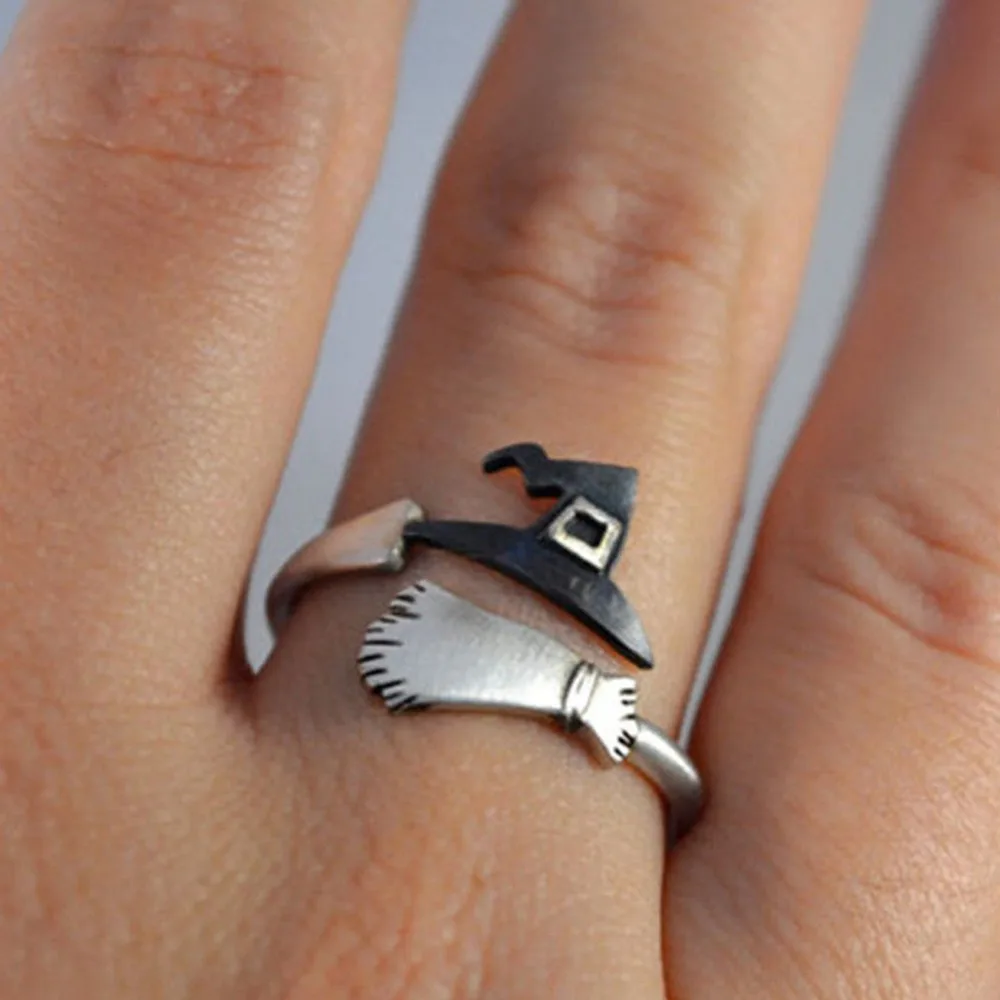 2PCS Cute Halloween Decoracion rings Jewelry Women Rings Witch Hats Broom Mop Pumpkin Lamp Alloy Finger Hollow Out Ring | Украшения и