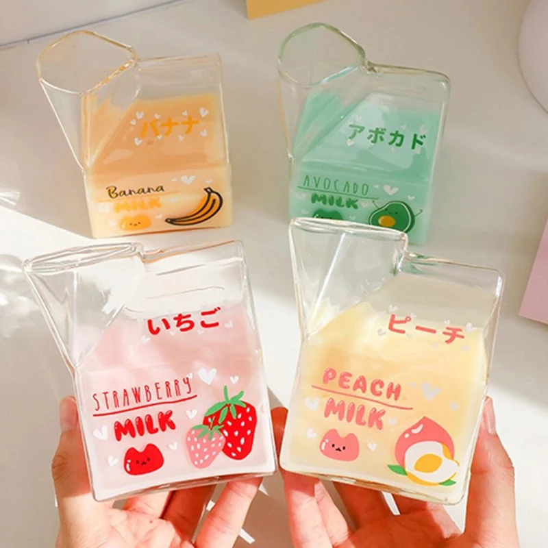 Kawaii Milk Box Glass Mug Cold Extract Coffee Cup Square Half Pint Creamer Milk Cup Creative Cute Fruit Water Bottles Mugs Aliexpress