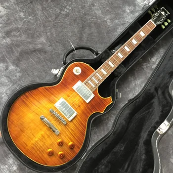 

New style handmade 6 String Electric guitar and case, tiger flame top. High quality Chrome hardware. Yellow Flame Maple Burst