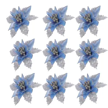 

12 Pcs Artificial Flowers Decorations Christmas Tree Glitter Adornments Christmas Decorations Silver Trim And Blue Flowers