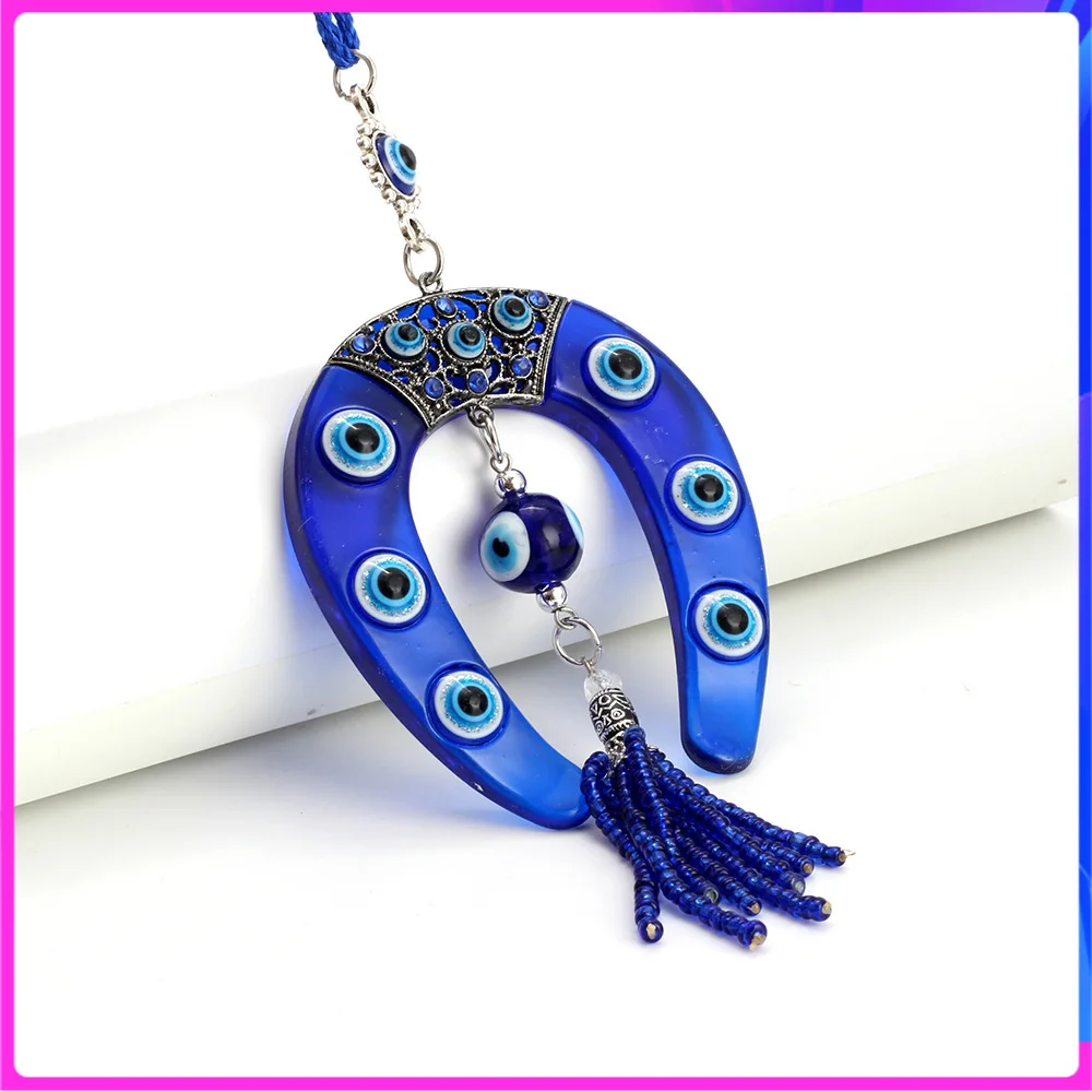 Evil Eye Blue Horseshoe Shape Charm Car Keychain Jewelry Pendant With BULE EVIL EYE BEAD