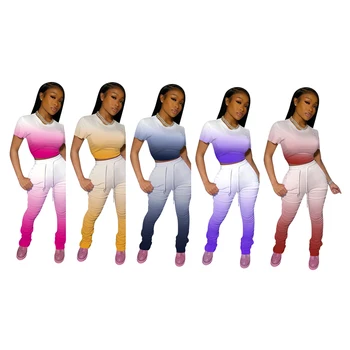 

Gradient Two Piece Set Women Tracksuit Summer Crop Top and Stacked Leggings Pants 2 Piece Outfits Sweat Suits