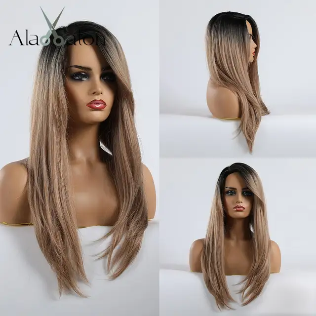 Us 14 9 40 Off Alan Eaton Long Straight Wig With Bangs Dark Brown Blonde Ombre Synthetic Hair Wigs For Black Women Heat Resistant Cosplay Wigs On