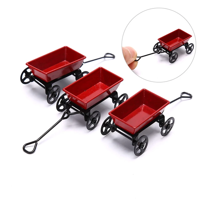 1:12 Mini Cute Dollhouse Miniature Metal Red Small Pulling Cart Garden Furniture Accessorie Home Decor Gift Toy Gifts Ornament 1