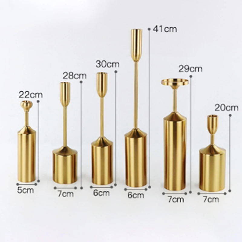 HOT 6Pcs European Gold Candle Holders Metal Pillar Candlestick Wedding Luxury Table Romantic Decorations New Year Party Decorati