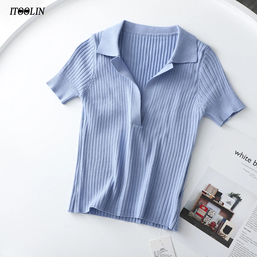 ITOOLIN Crop Top Female Polo Shirts Summer Short Sleeve T shirt Women's Vintage Clothes Ribbed Solid Slim Knit Top Cropped Tees