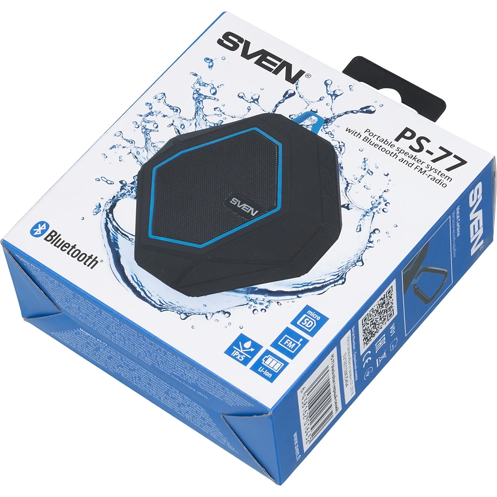 Колонка порт. Sven PS-77 черный/голубой 5W 1.0 BT/3.5Jack 10м 600mAh