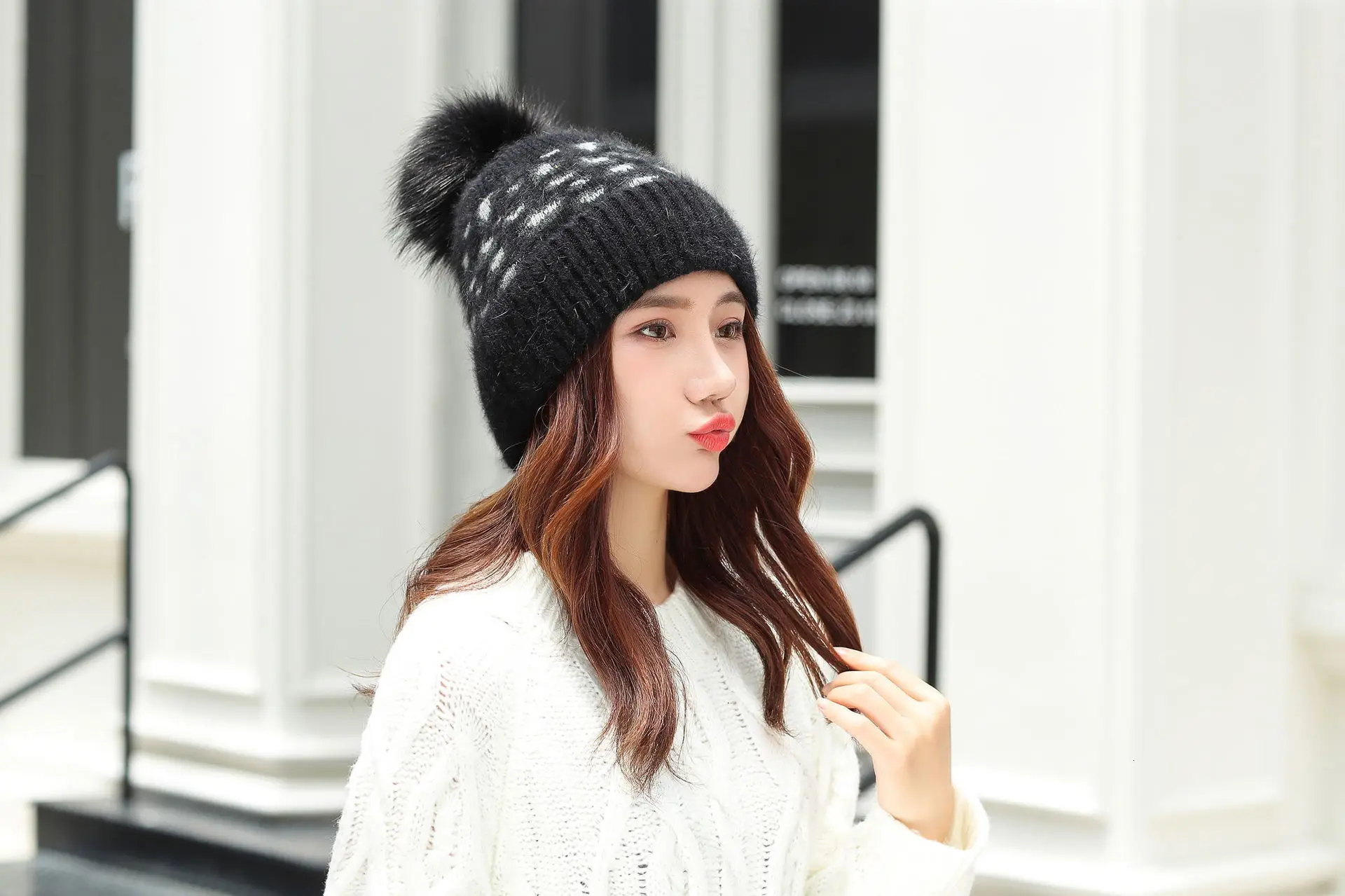 Women Beanies Pom Poms Rabbit Hat Beanie Knitted Skullies Fashion Caps Ladies Knit Cap Winter Hats For Women