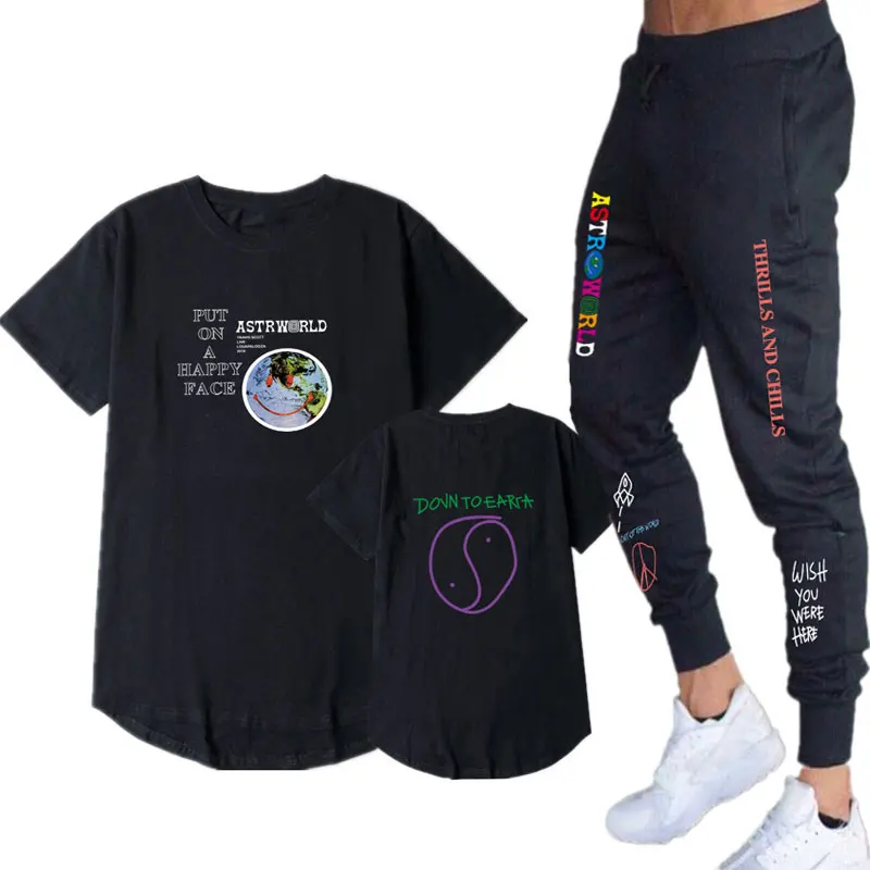 Трэвиса Скотта ASTROWORLD футболка Костюм Уличная для мужчин и женщин спортивный костюм хип-хоп удлиненный Круглый подол рубашка спортивные штаны костюм