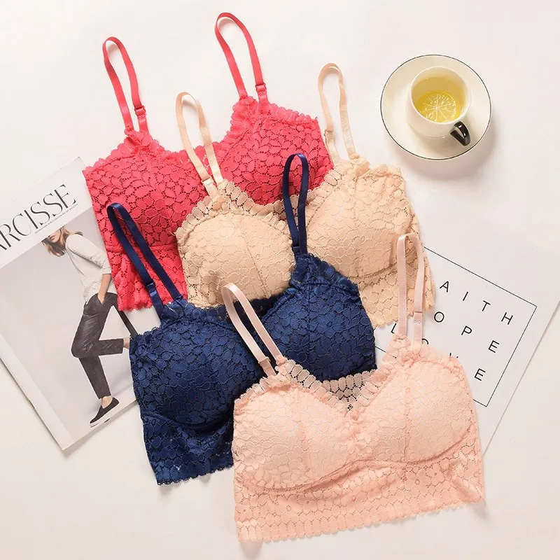 

Women Bra Beauty Back Strap Bottom Without Rim Lace Tube Top Solid Color Jacquard Knitted Bra