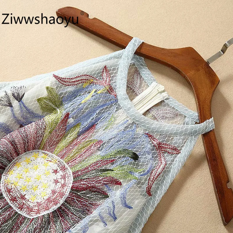 Ziwwshaoyu, высокое качество, новинка, весна-лето, рисунок Таро, вышивка, сетка, сексуальные вечерние платья макси без рукавов, женские
