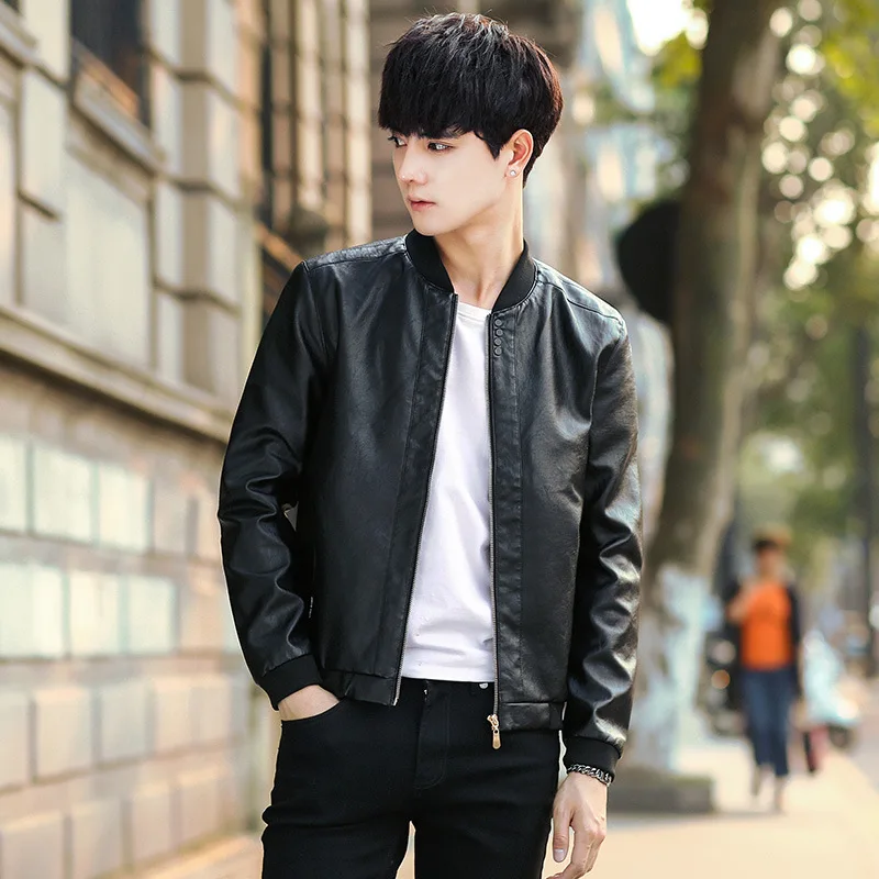 

Spring And Autumn New Style Men Baseball Collar Solid Color Casual PU Leather Coat Youth Origional Hong Kong Style Biker Leather
