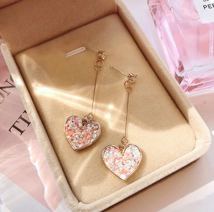Корея Pequeno Fresco Amor Brincos para as mulheres de Lantejoulas Cor Rosa Doce corache Cristal Longos jóias Femin | Украшения и