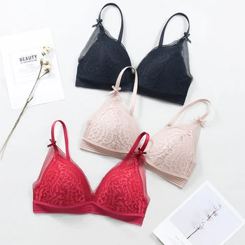 

Sexy Thin Cup Wire Free Small Breast Comfort Seamless Lingerie Women white Triangle Cup Flora Lace Bra Push Up Underrweae