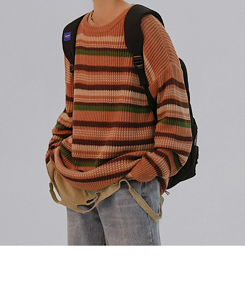 Autumn Striped Sweater Men Fashion Contrast Color Casual Knit Sweaters Men Loose Long-sleeved Pullover Sweter Man Clothes M-2XL