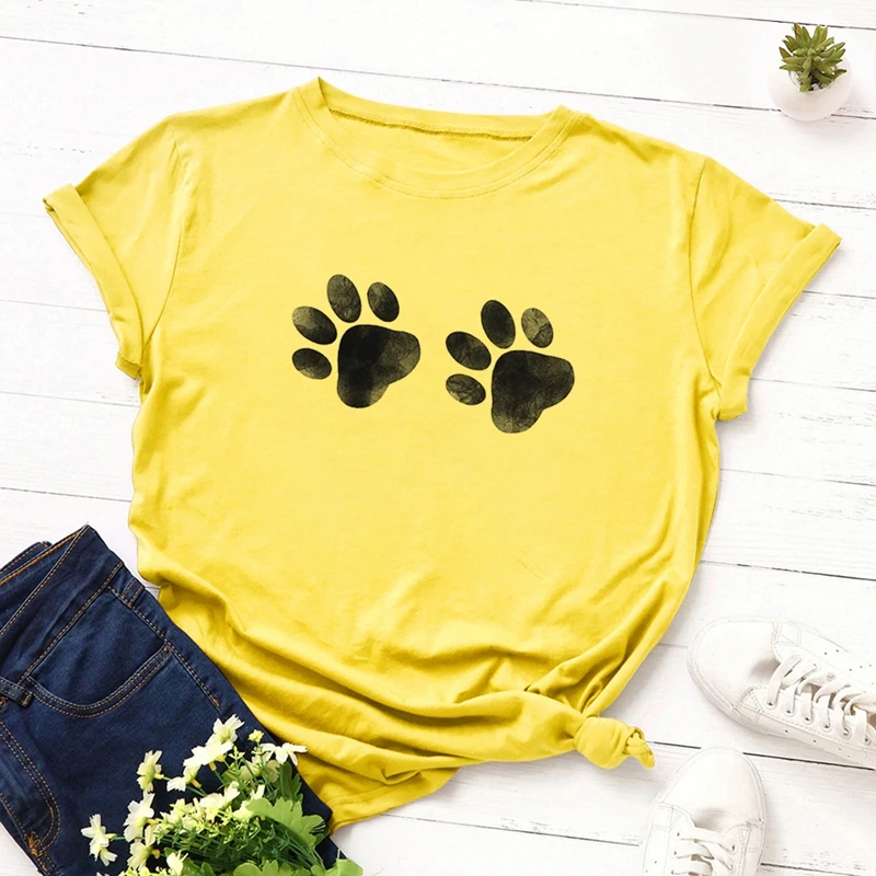 Women Cotton Plus Size T-shirt Graphic Tee Summer Tops Short Sleeve Top Tees Funny Cute Dog Paw Print T Shirts Female Shirt - Цвет: Цвет: желтый