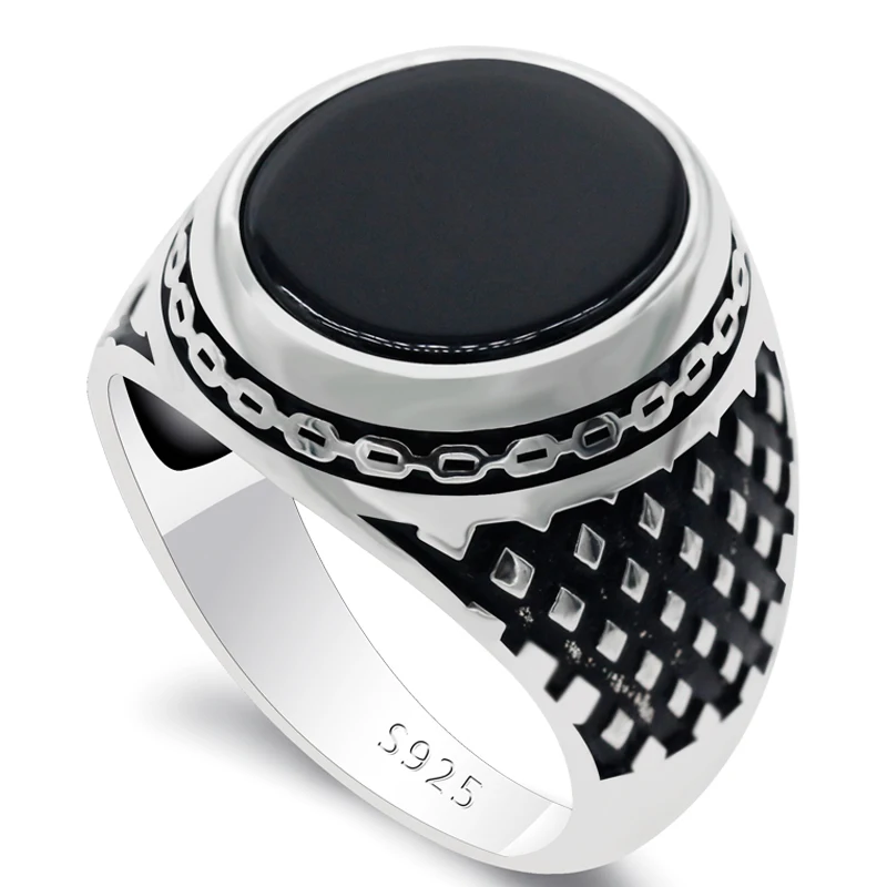 

100% 925 Silver Ring for Men Natural Agate Stone Drops Chain Turkey Jewelry Party/Wedding Ring Vintage Fine Jewelry