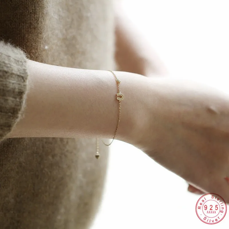 

925 Sterling Silver Simple Letter U 14k Gold Bracelet Women Exquisite Sweet Student Girlfriends Jewelry Friendship Gift