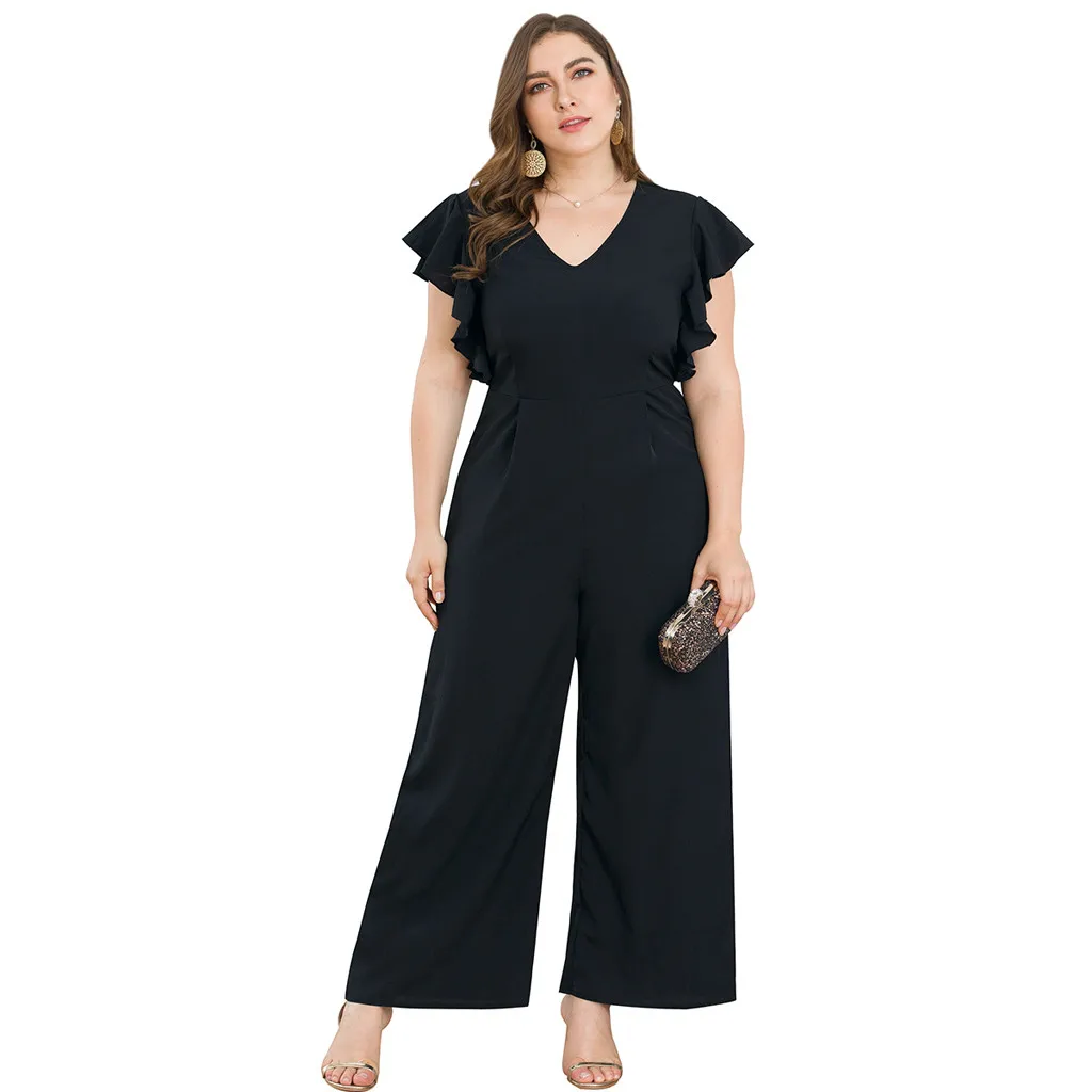 

Women's Plus Size V-Neck Short-Sleeved Ruffle Wide Leg One-piece Pants Solid Elegant Bodycon Jumpsuit Playsuit Rompers