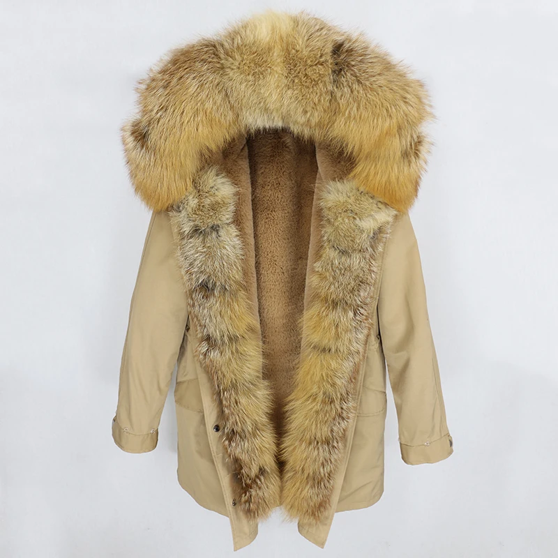 beige red fox fur Длинная парка водонепроницаемое пальто натуральный Лисий меховой капюшон, воротник зимняя куртка женская верхняя одежда Съемная Толстая теплая уличная - Цвет: beige red fox fur