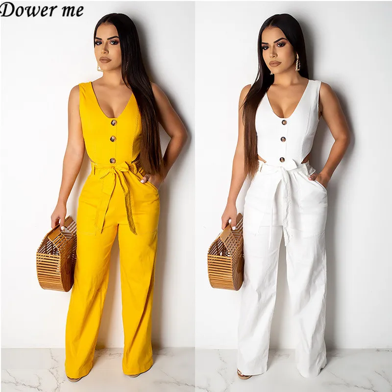 

Dower Me Solid Lace Up Hollow Out Jumpsuit Romper V-Neck Sleeveless Tank Straight Wide Leg Pants Jumpsuits NZ090