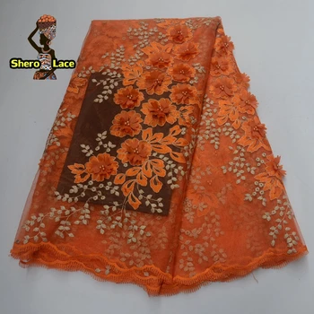 

Orange color african fabrics 3d flower lace embroidered french fabric for aso ebi