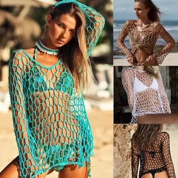 

Sexy Handmade Crochet Hollow Out Perspective Mesh Fishnet Bikini Cover Ups For Women Beach Mesh Cover Up Loose Solid 2020 New