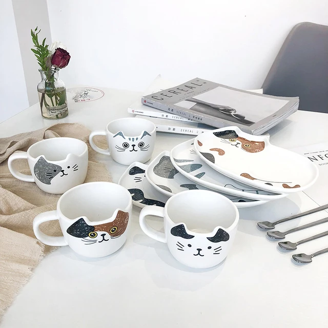 Cute Cat Ceramics Coffee Mug Set Handgrip Animal Mugs With Tray Creati