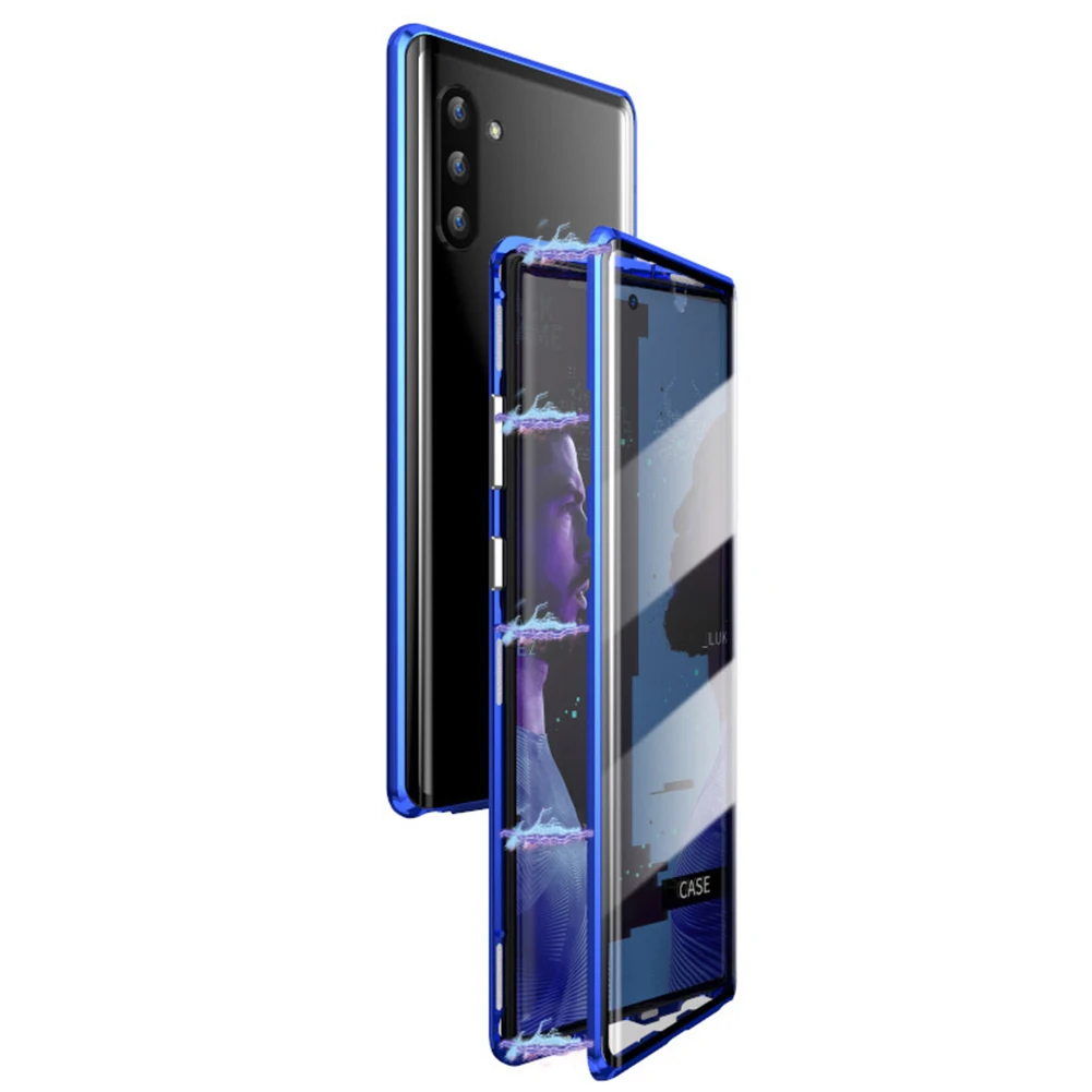 Магнитный двухсторонний чехол из закаленного стекла для samsung Galaxy Note 10 Plus, HD магнит 360, полная защита для Note10+ 5G - Цвет: Blue